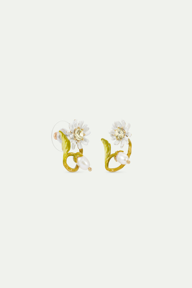 White and Green Daisy Hoop Earrings, with Mother of Pearl Bead