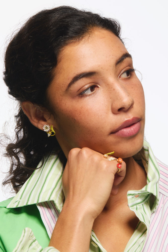 White and Green Daisy Hoop Earrings, with Mother of Pearl Bead