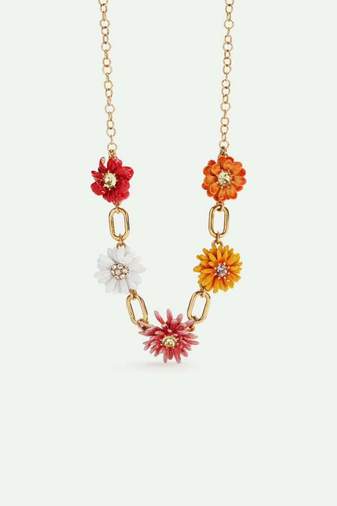 Gold Link Necklace with Daisy and Zinnia Flowers