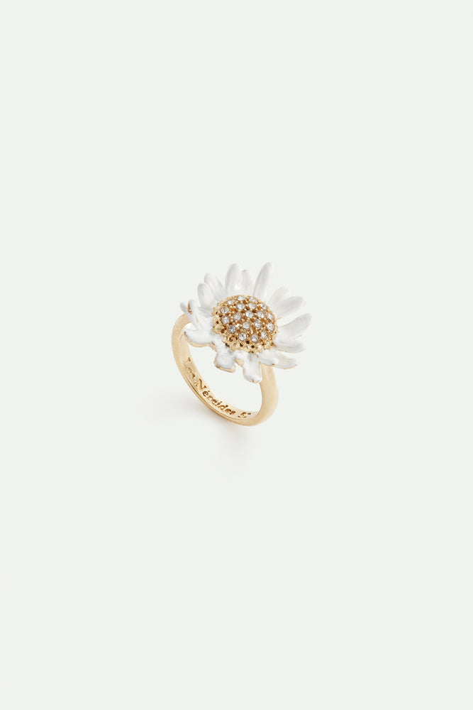 White and Gold Daisy Ring with a Pavé Heart