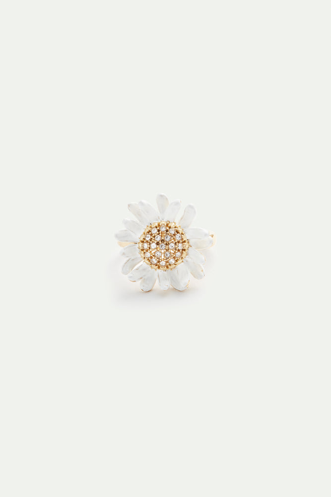 White and Gold Daisy Ring with a Pavé Heart