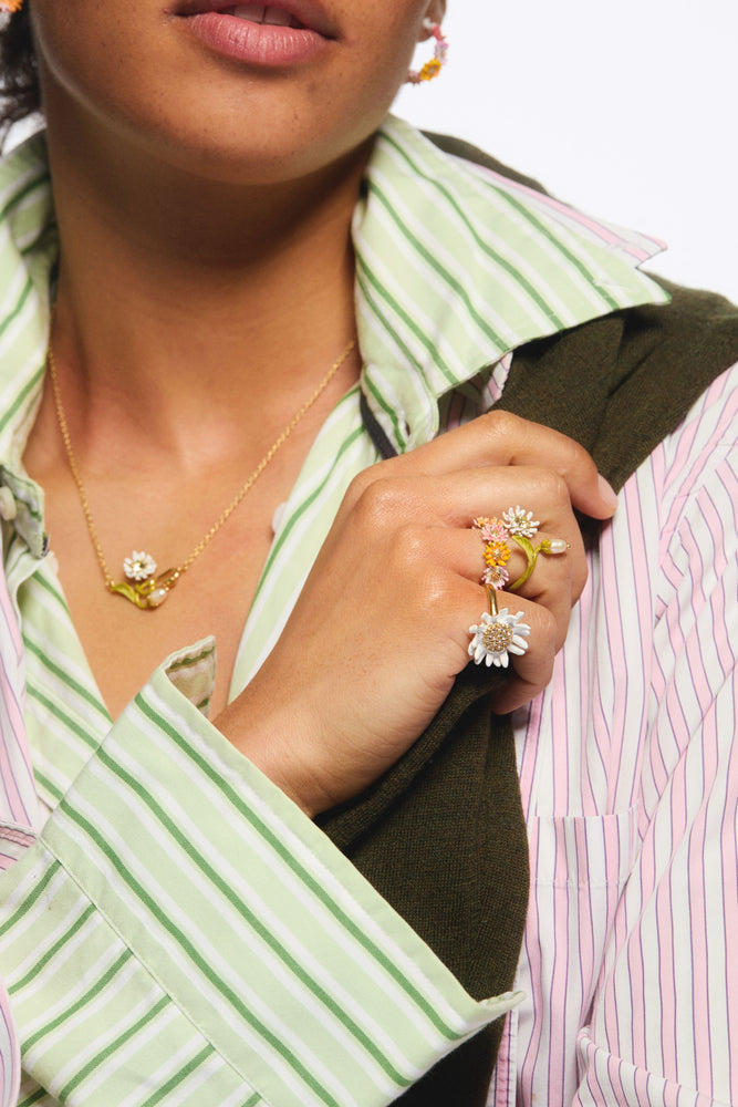 White and Gold Daisy Ring with a Pavé Heart