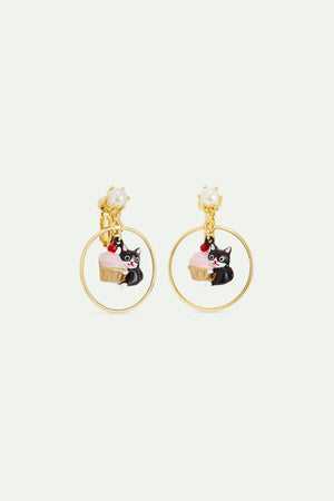 N2 Black Cat and Pastry Dangle Post Hoop Earrings