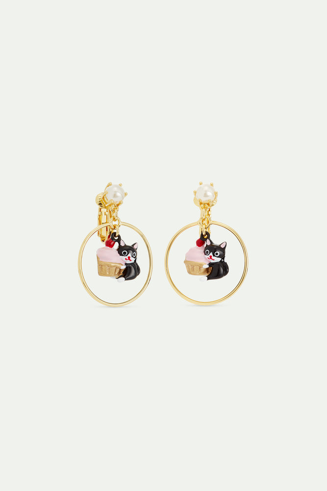 N2 Black Cat and Pastry Dangle Hoop Clip-On Earrings