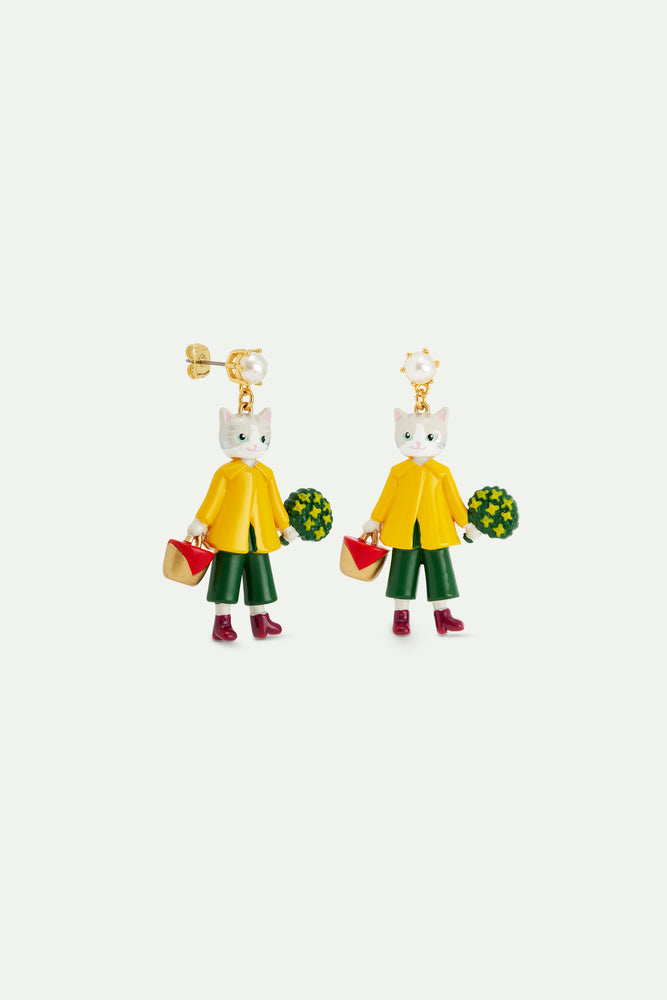 N2 Cat with Yellow Raincoat Dangle Post Earrings