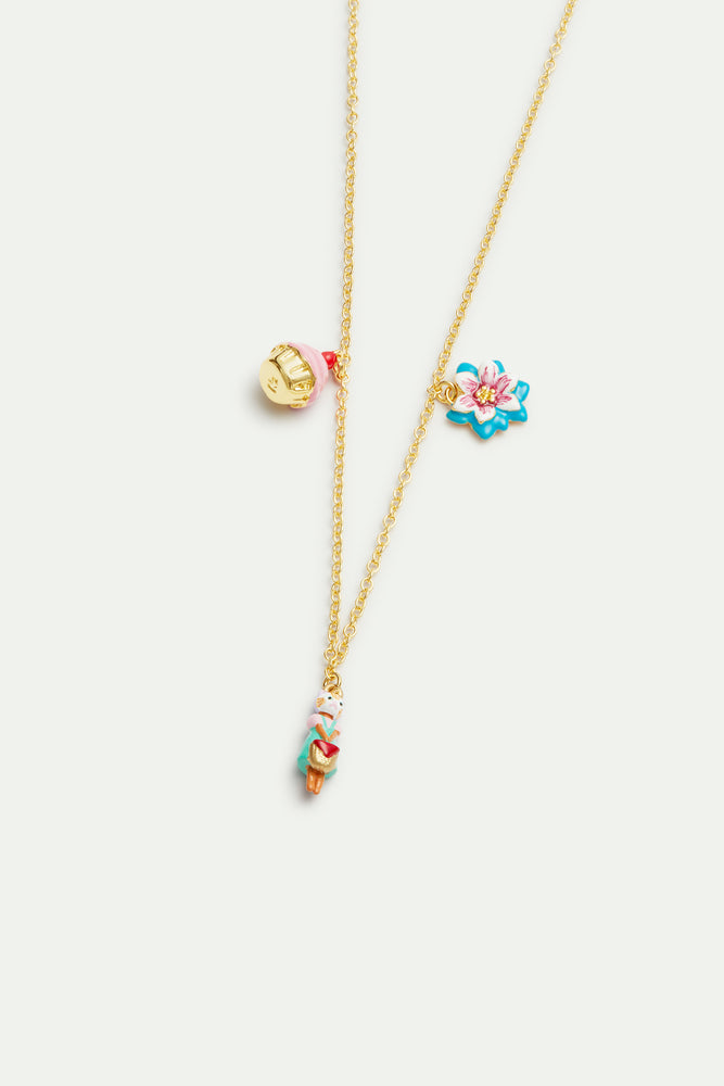 N2 Ginger Cat, Blue Flower and Pastry Pendant Necklace