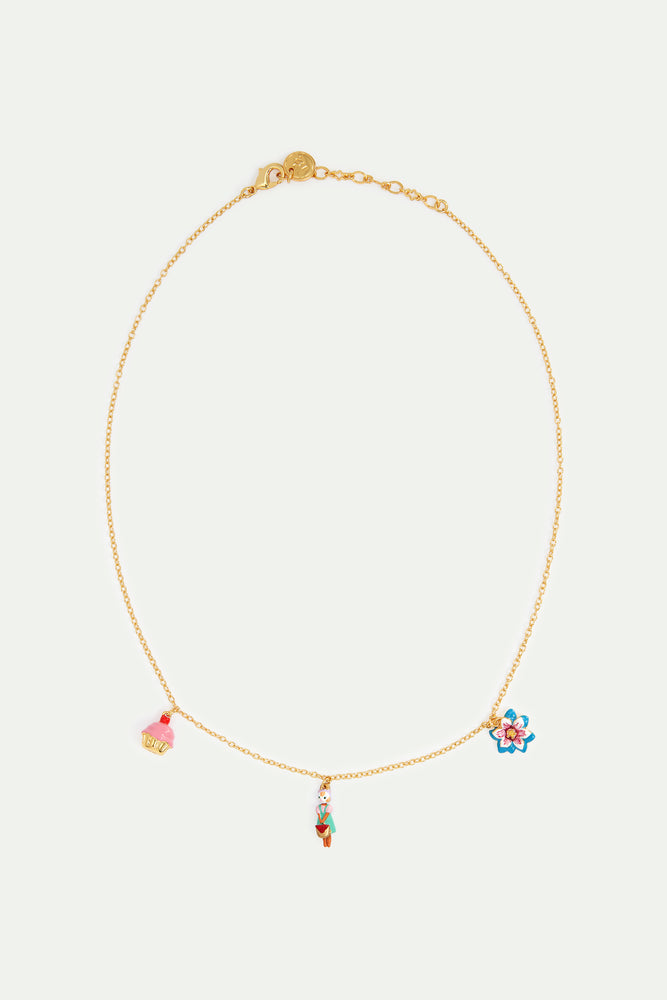 N2 Ginger Cat, Blue Flower and Pastry Pendant Necklace