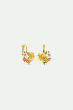 Yellow Heart, Zinnias and Daisies Sleeper Earrings