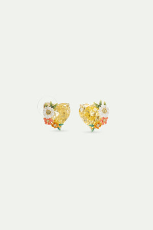 Yellow Heart, Zinnias and Daisies Post Earrings