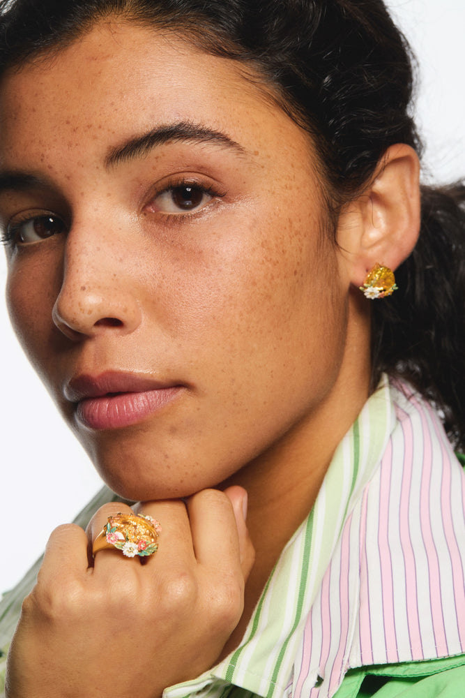 Oval Pink Faceted Stone Cocktail Ring with Zinnias and Daisies