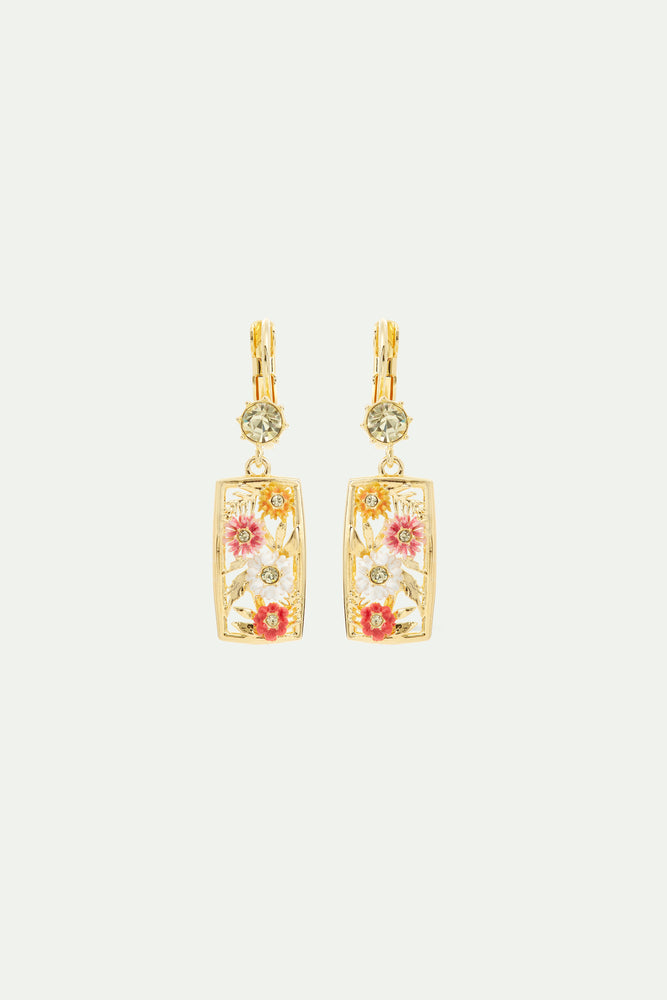 Gold-Plated Openwork Sleeper Earrings with Zinnias and Faceted Yellow Crystal