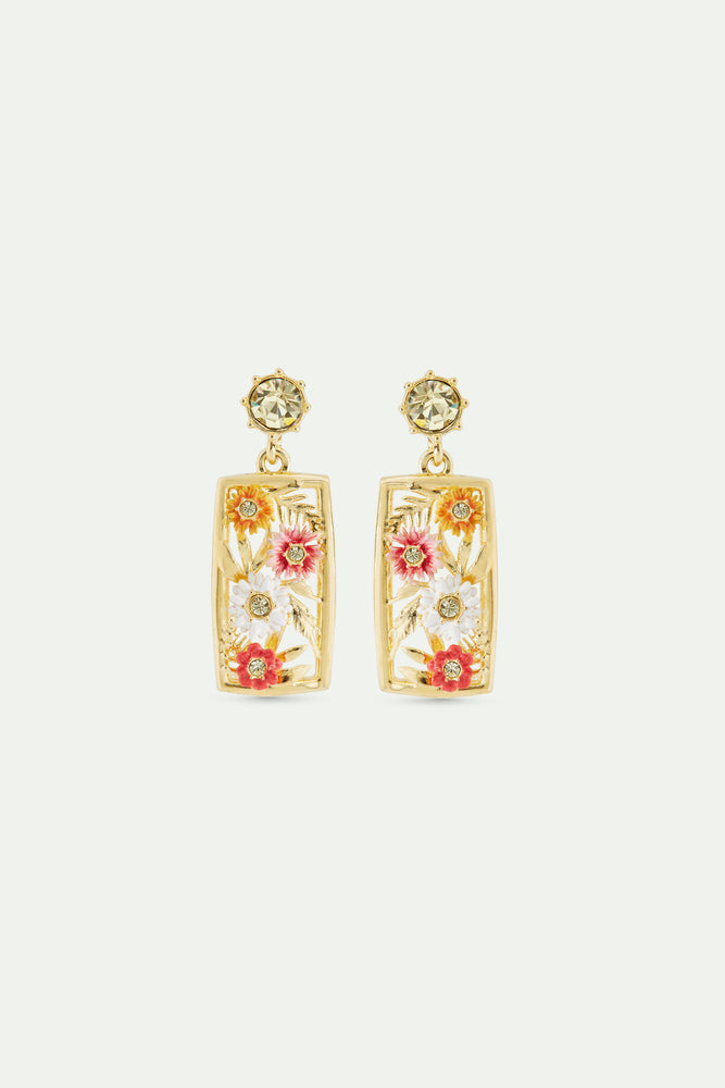 Gold-Plated Openwork Post Earrings with Zinnias and Faceted Yellow Crystal