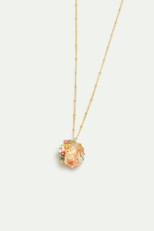 Oval Pink Faceted Stone Pendant Necklace with Zinnias and Daisies