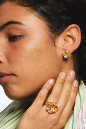 Yellow Heart, Zinnias and Daisies Post Earrings