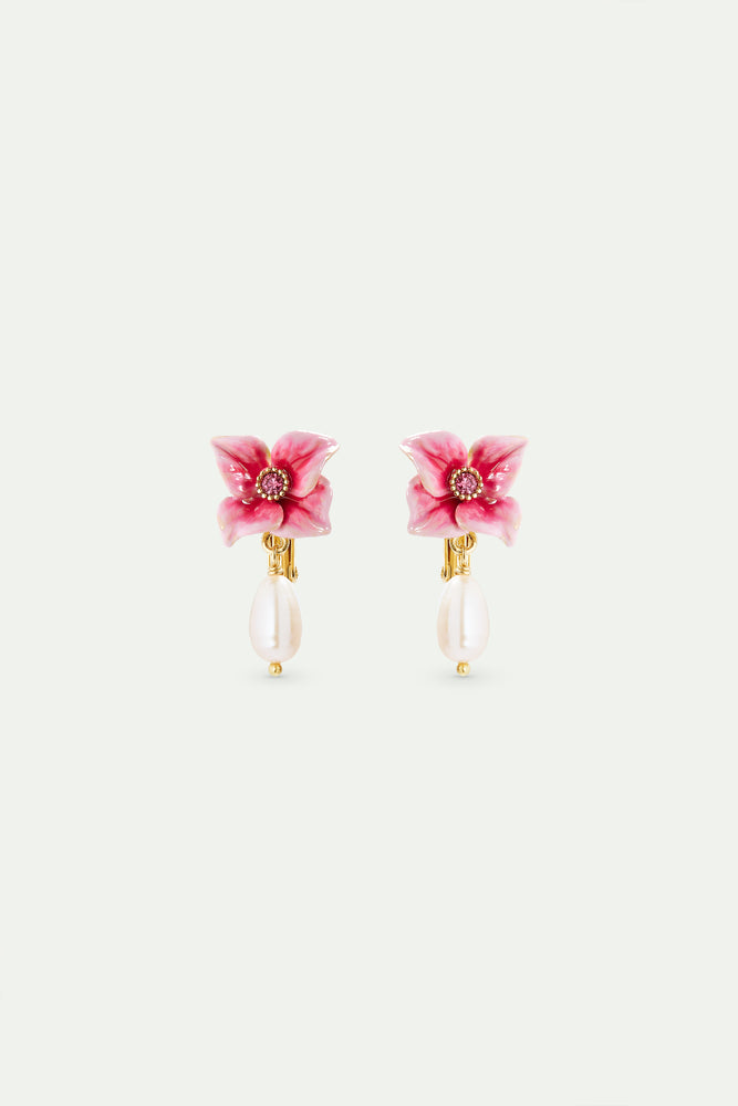 Pink Hydrangea Flower and Cultured Pearl Clip-On Earrings