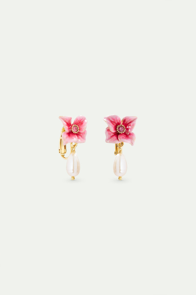 Pink Hydrangea Flower and Cultured Pearl Clip-On Earrings