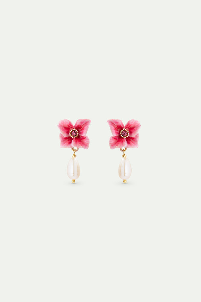 Pink Hydrangea Flower and Cultured Pearl Post Earrings