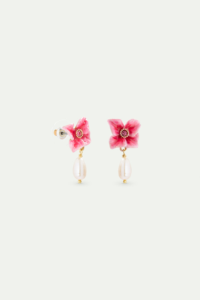 Pink Hydrangea Flower and Cultured Pearl Post Earrings