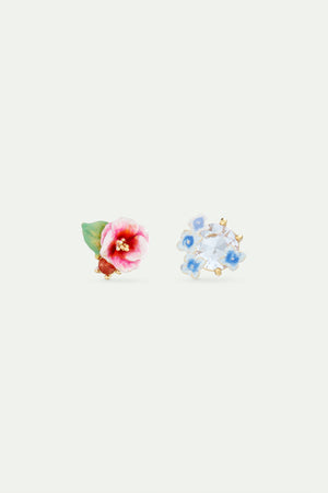 Asymmetrical Enameled Hydrangea Flower and Lavender-Colored Round Stone Post Earrings