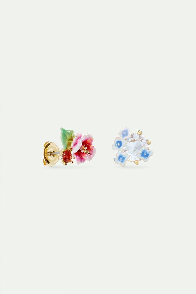 Asymmetrical Enameled Hydrangea Flower and Lavender-Colored Round Stone Post Earrings