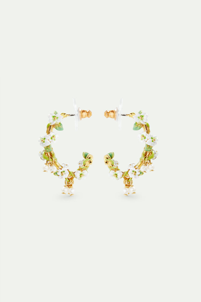 Gold-Plated Hoop Earrings, White Roses and Mother of Pearl Beads