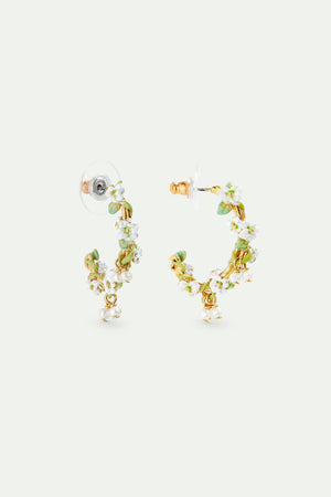 Gold-Plated Hoop Earrings, White Roses and Mother of Pearl Beads