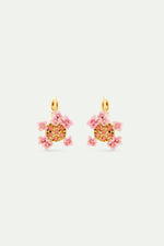 Sleeper Earrings with Pink and Gold Crystals and Hydrangea Flowers