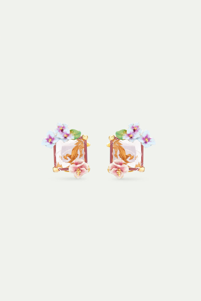 Lizard Post Earrings with Pink Cut Stone and Hydrangea Flowers