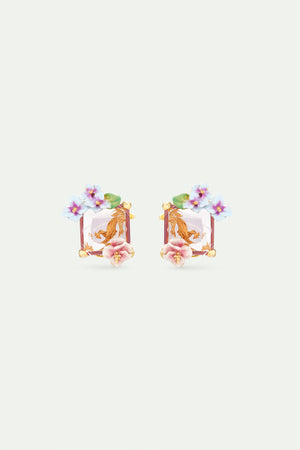 Lizard Post Earrings with Pink Cut Stone and Hydrangea Flowers