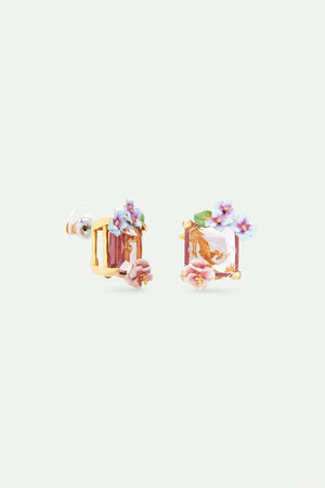 Lizard Post Earrings with Pink Cut Stone and Hydrangea Flowers