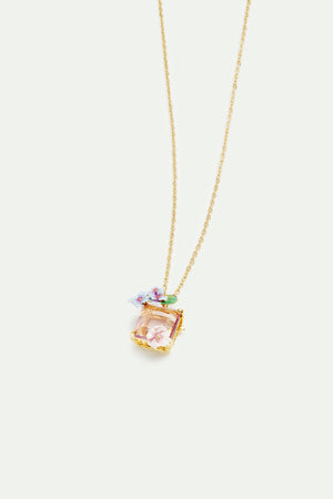 Lizard, Pink Cut Stone and Hydrangea Pendant Necklace