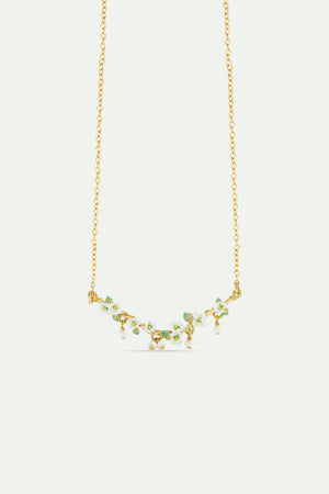 White Hollyhocks and Mother of Pearl Beads Gold-Plated Statement Necklace