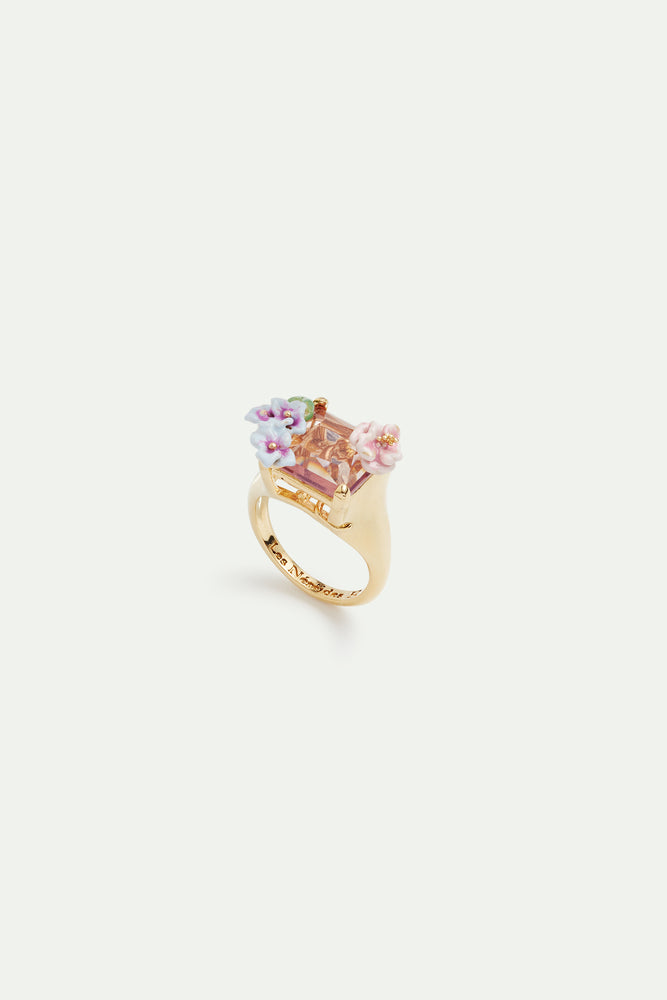 Lizard, Pink Cut Stone and Hydrangea Cocktail Ring