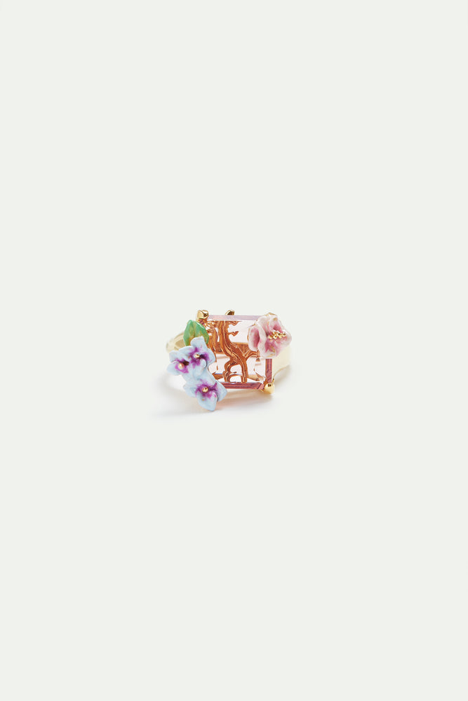 Lizard, Pink Cut Stone and Hydrangea Cocktail Ring