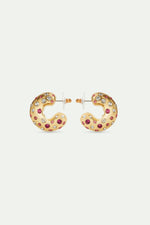 Les  Néréides Loves Animals - Pink and White Crystal Golden Hoop Post Earrings