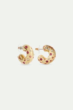 Les  Néréides Loves Animals - Pink and White Crystal Golden Hoop Post Earrings