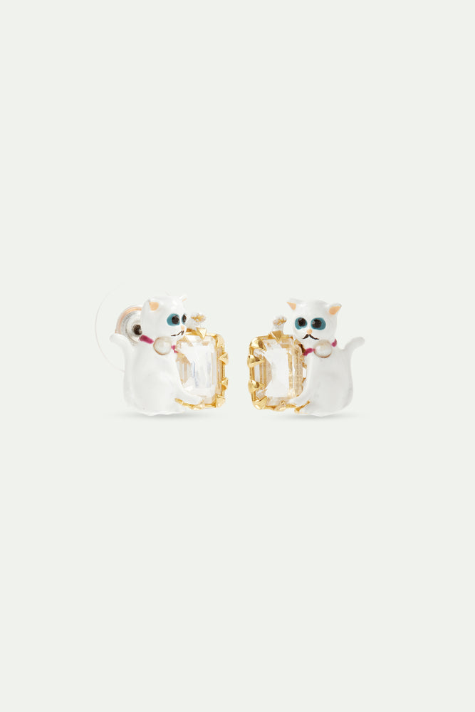 Les  Néréides Loves Animals - White Cat and Faceted White Stone Post Earrings