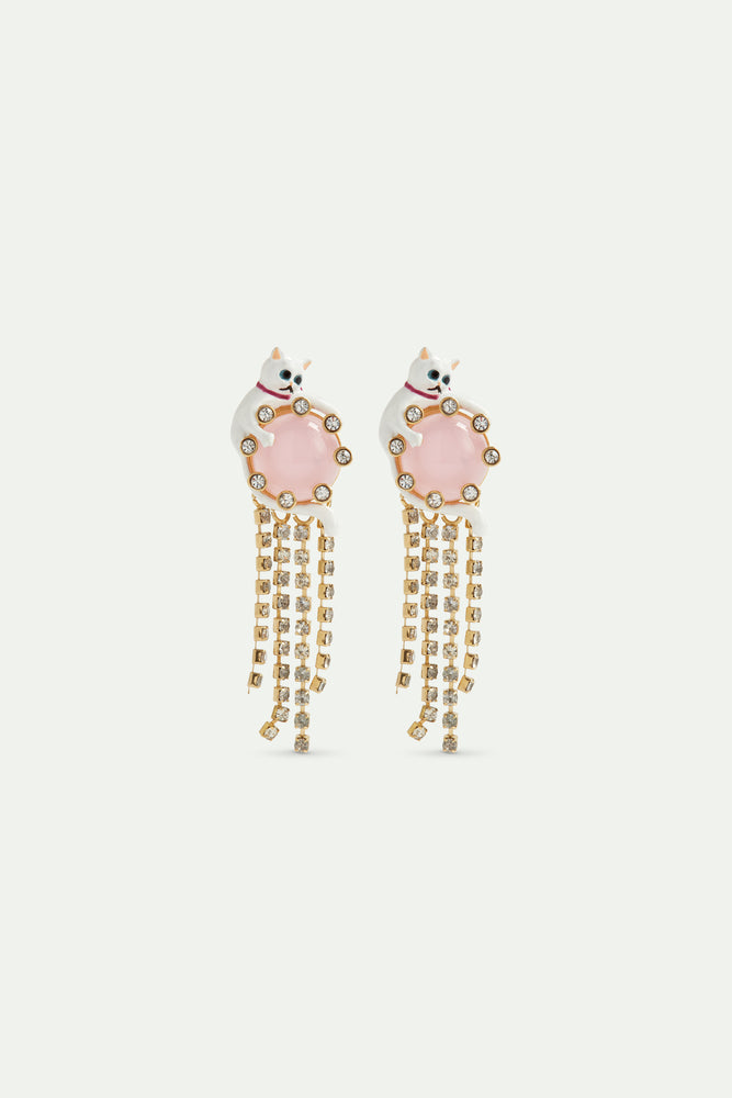 Les  Néréides Loves Animals - White Cat, Pink Round Stone and Rhinestone Chain Dangle Post Earrings