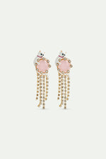 Les  Néréides Loves Animals - White Cat, Pink Round Stone and Rhinestone Chain Dangle Post Earrings