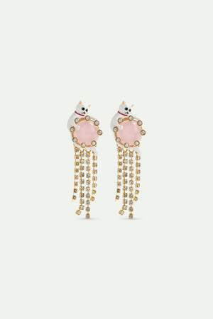 Les  Néréides Loves Animals - White Cat, Pink Round Stone and Rhinestone Chain Dangle Post Earrings