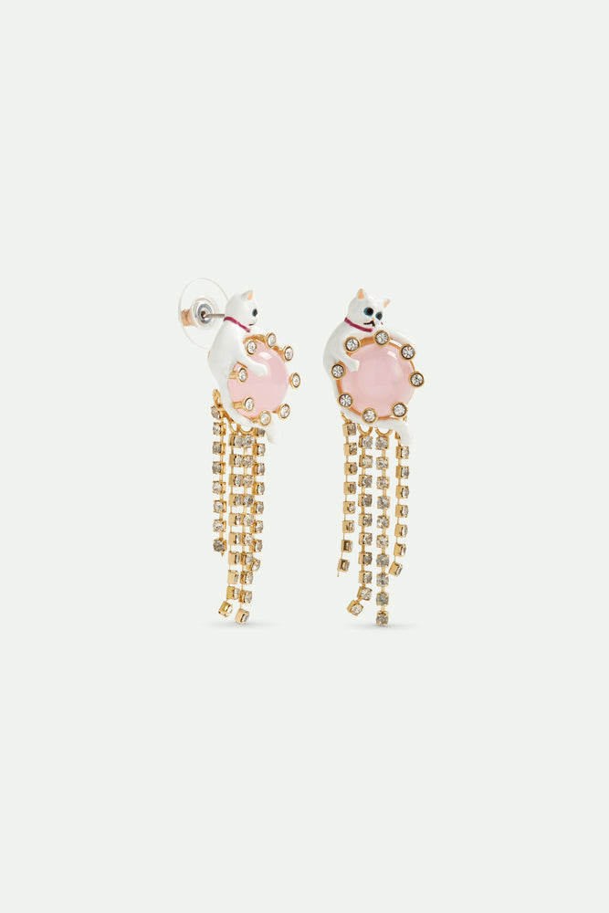 Les  Néréides Loves Animals - White Cat, Pink Round Stone and Rhinestone Chain Dangle Post Earrings