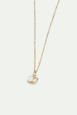 Les  Néréides Loves Animals - White Cat and White Faceted Stone Beaded Pendant Necklace