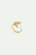 Les Néréides Loves Animals - White Cat and White Faceted Stone Adjustable Ring