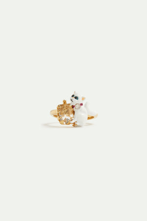 Les Néréides Loves Animals - White Cat and White Faceted Stone Adjustable Ring