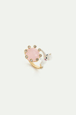 Les Néréides Loves Animals - White Cat and Round Pink Stone Adjustable Ring