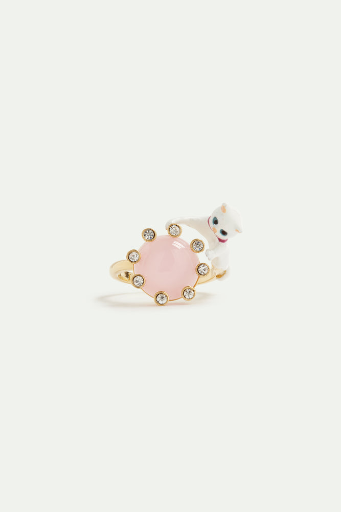 Les Néréides Loves Animals - White Cat and Round Pink Stone Adjustable Ring