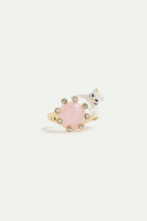 Les Néréides Loves Animals - White Cat and Round Pink Stone Adjustable Ring