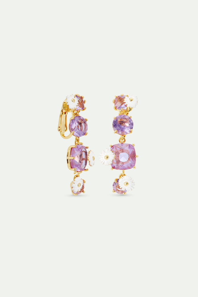 Four Stone Lavender Diamantine Dangle Clip-On Earrings with Daisies