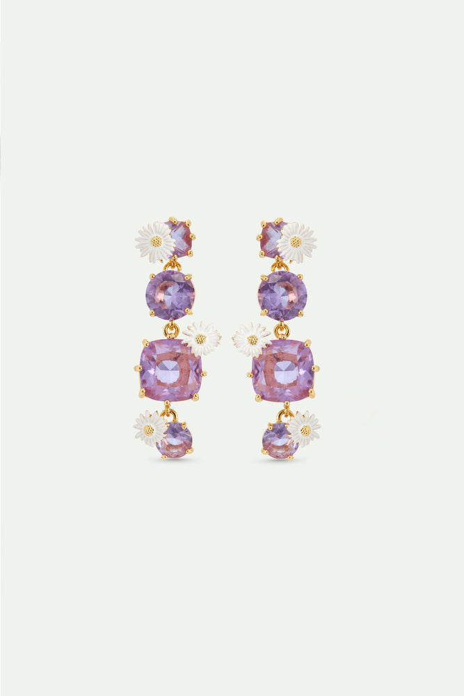 Four Stone Lavender Diamantine Dangle Post Earrings with Daisies