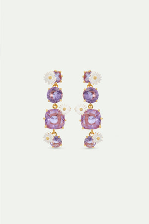 Four Stone Lavender Diamantine Dangle Post Earrings with Daisies